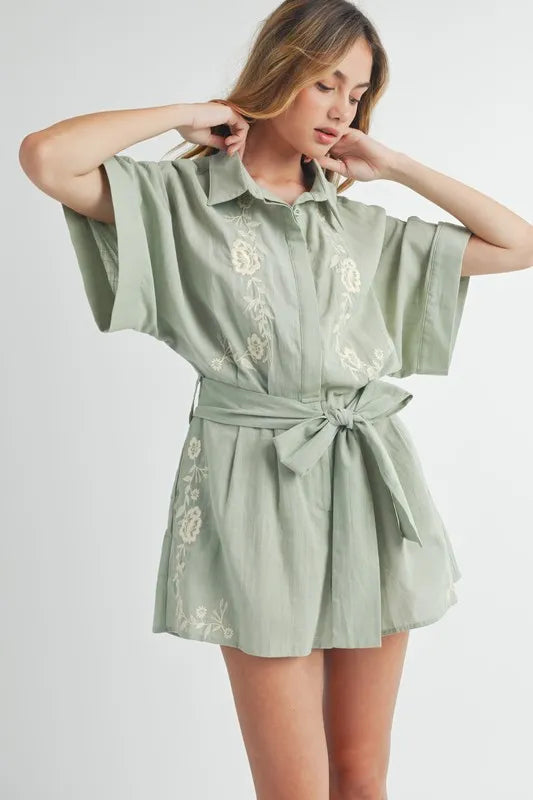 MABLE Embroidered Button Down Collared Neck Romper