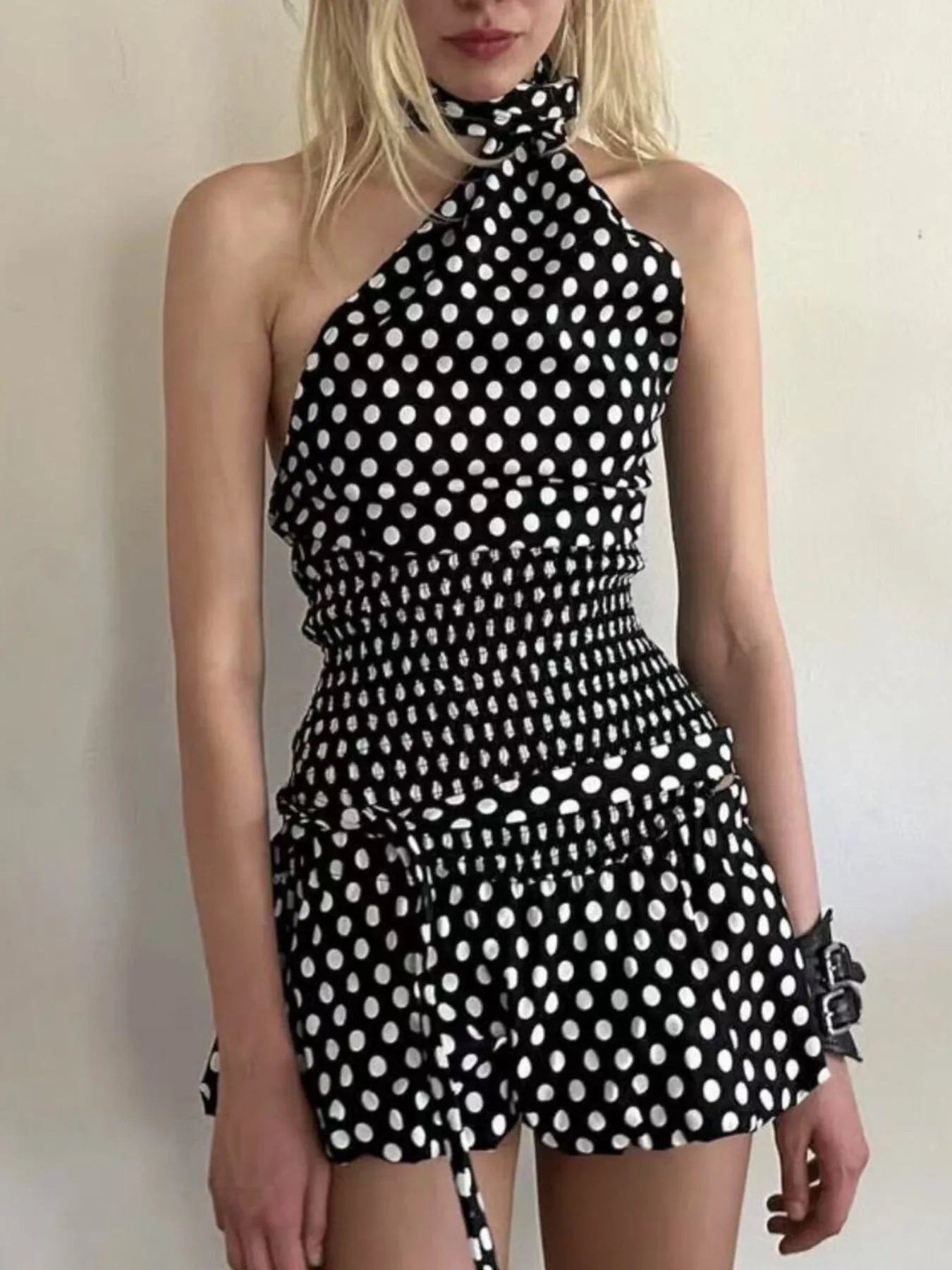 Polka Dot One-Shoulder Top and Mini Skirt Set