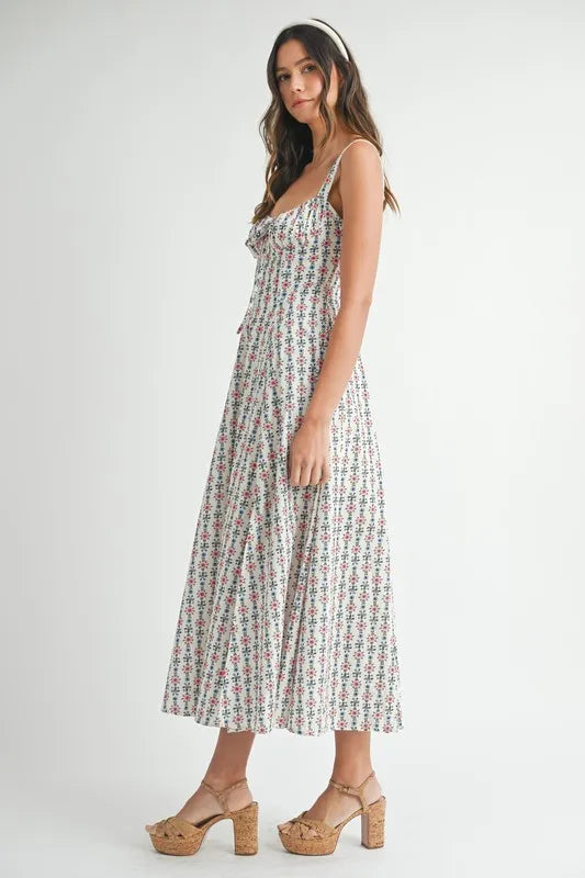 MABLE Floral Print Bustier Back Lace Up Midi Dress