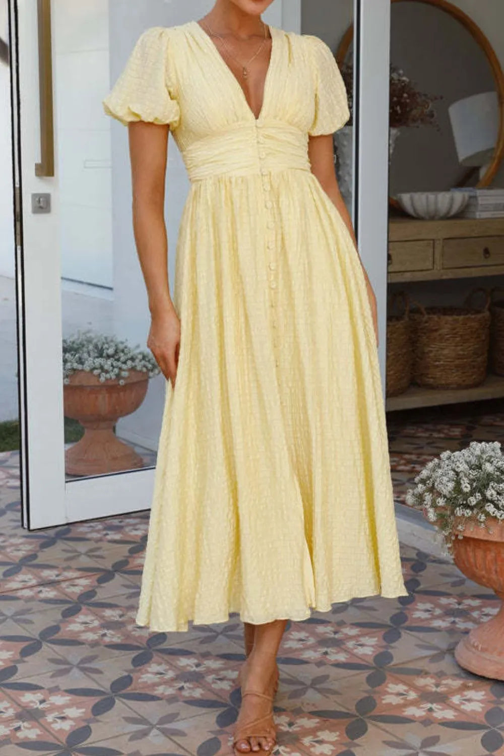 V-Neck Puff Short Sleeve Midi Dress