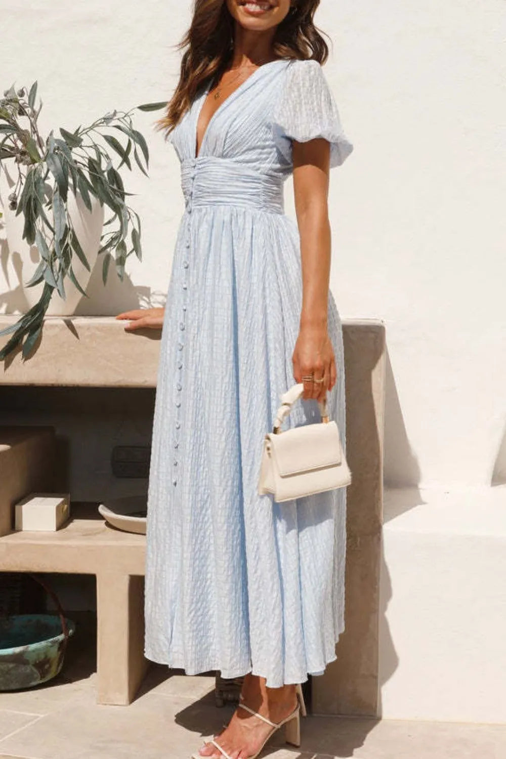V-Neck Puff Short Sleeve Midi Dress