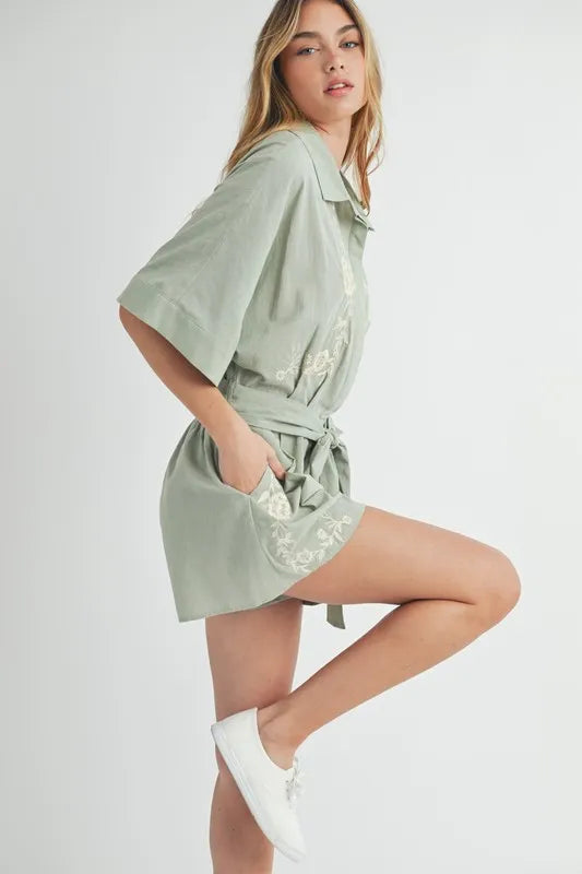 MABLE Embroidered Button Down Collared Neck Romper