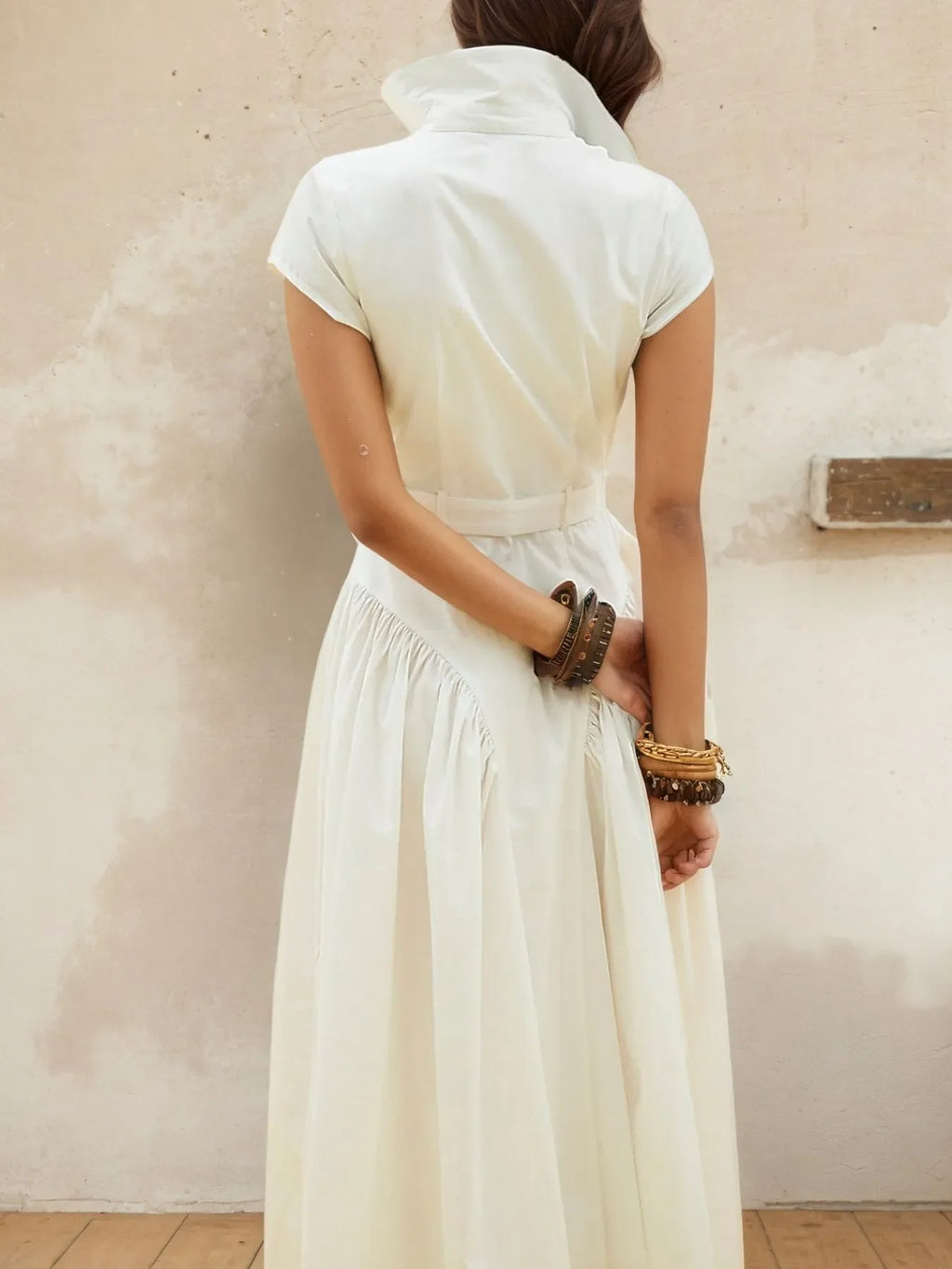 Button-Front Cap Sleeve Midi Shirt Dress