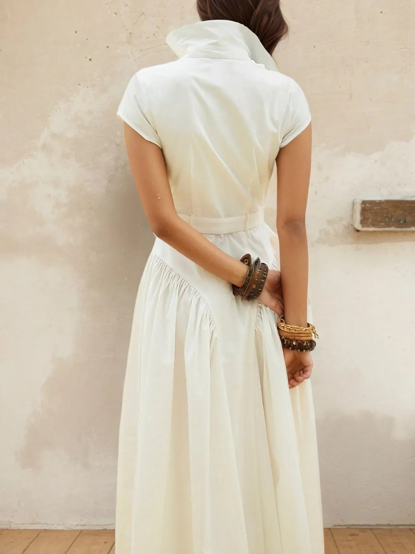 Button-Front Cap Sleeve Midi Shirt Dress