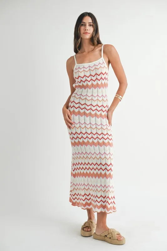 MABLE Lightweight Pointelle Chevron Knit Maxi Dress