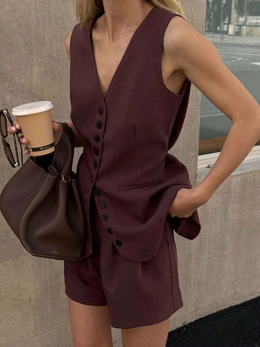 Button Front V-Neck Top and Shorts Set