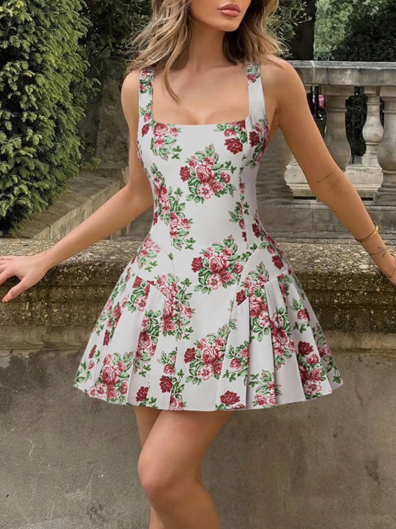 Pleated Floral Print Square Neck Mini Dress