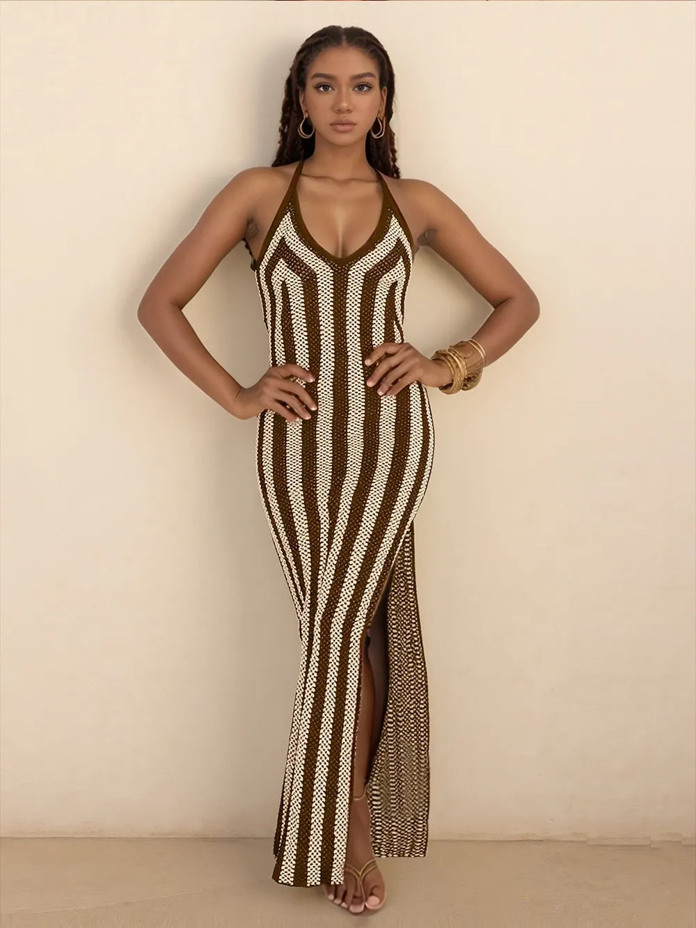 Slit Striped Halter Neck Dress