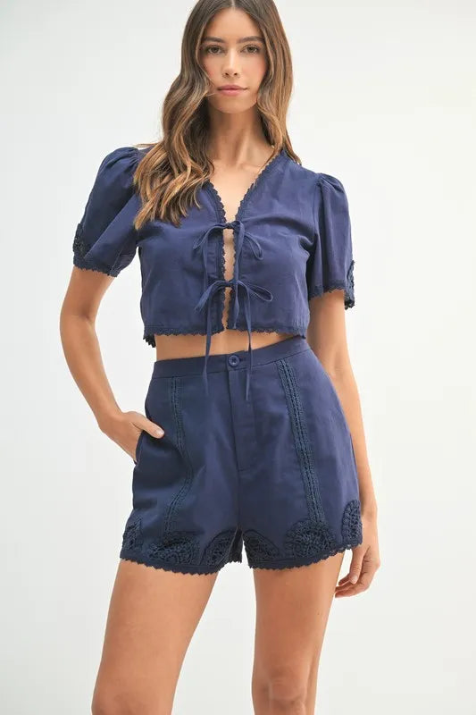 MABLE Crochet Lace Detail Crop Top and Shorts Set
