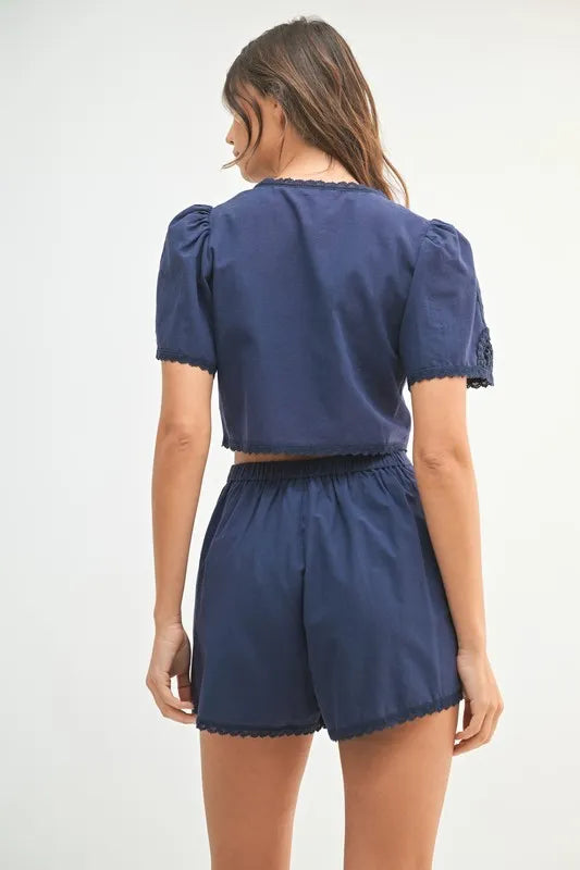 MABLE Crochet Lace Detail Crop Top and Shorts Set