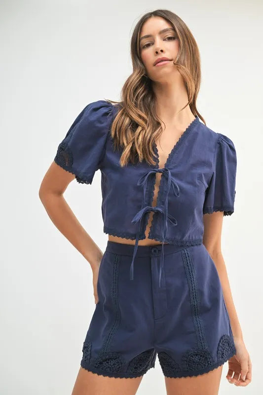 MABLE Crochet Lace Detail Crop Top and Shorts Set