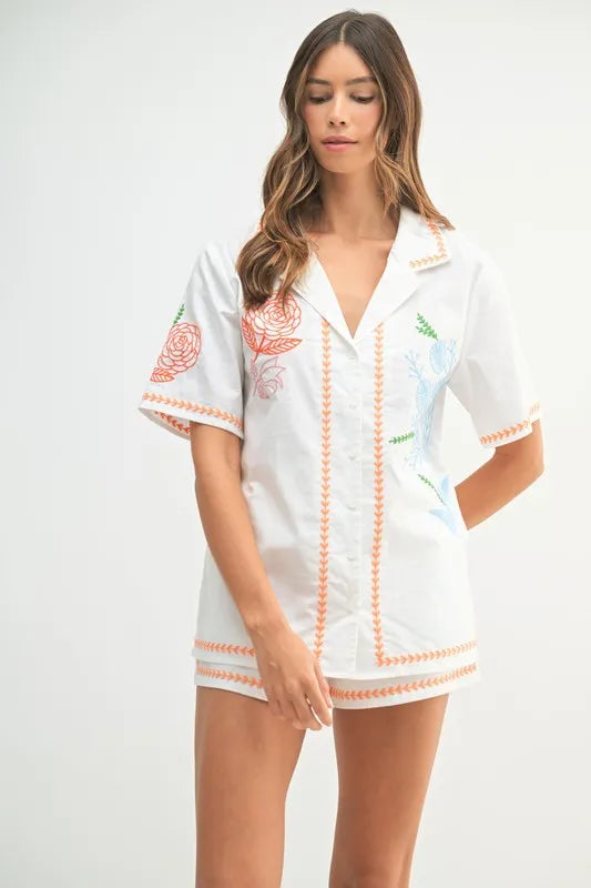 MABLE Embroidered Button Down Shirt and Shorts Set