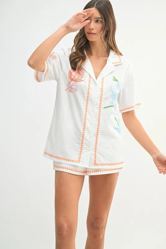 MABLE Embroidered Button Down Shirt and Shorts Set