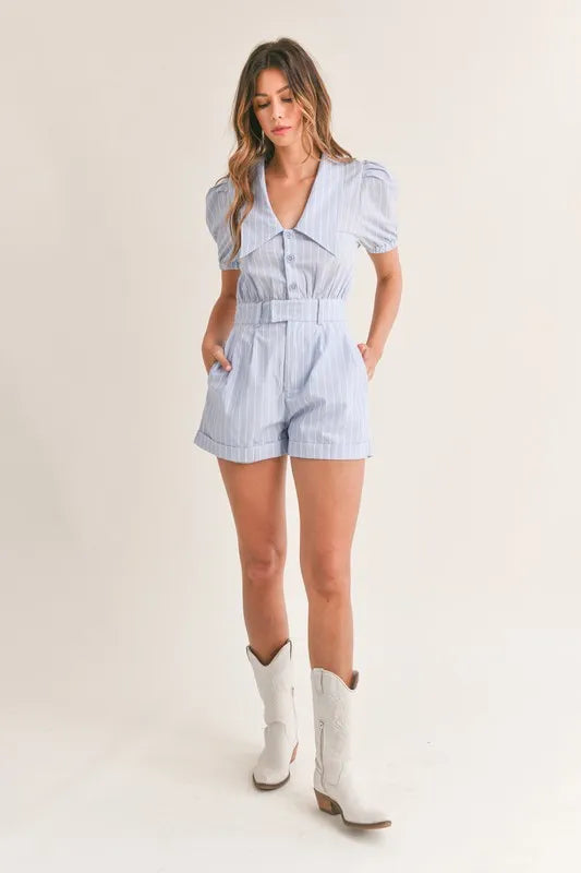 MABLE Striped Puff Sleeve Collared Neck Romper