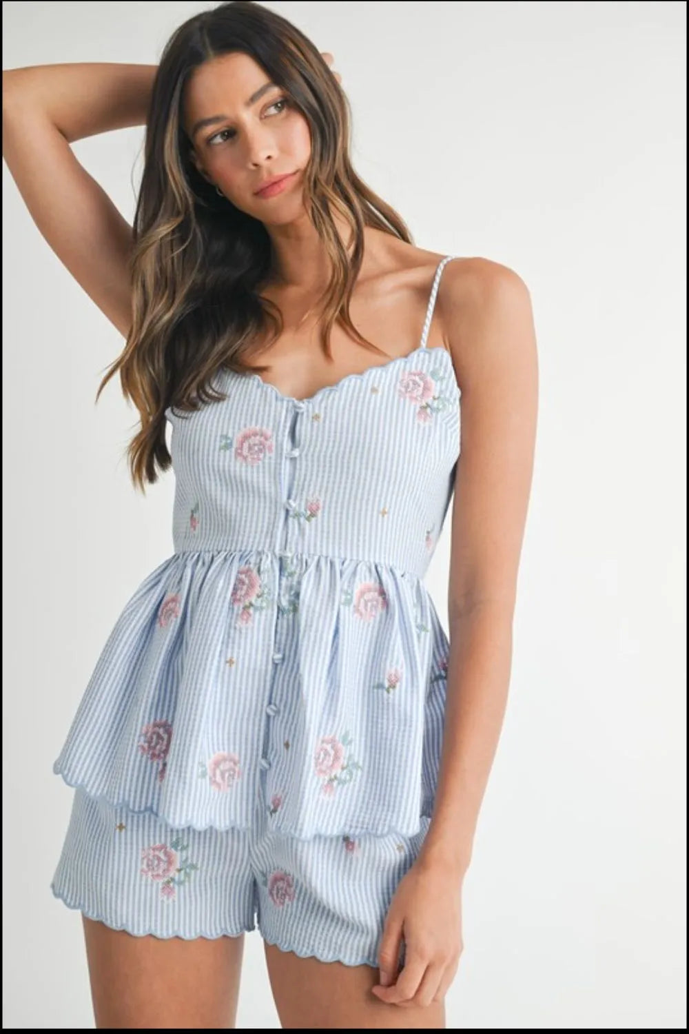 MABLE Stripe Embroidered Peplum Cami and Shorts Set