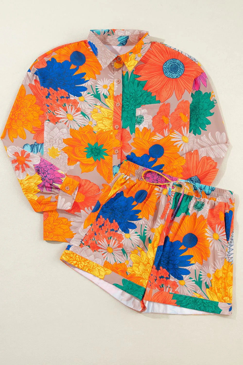 Printed Button Up Long Sleeve Top and Shorts Set