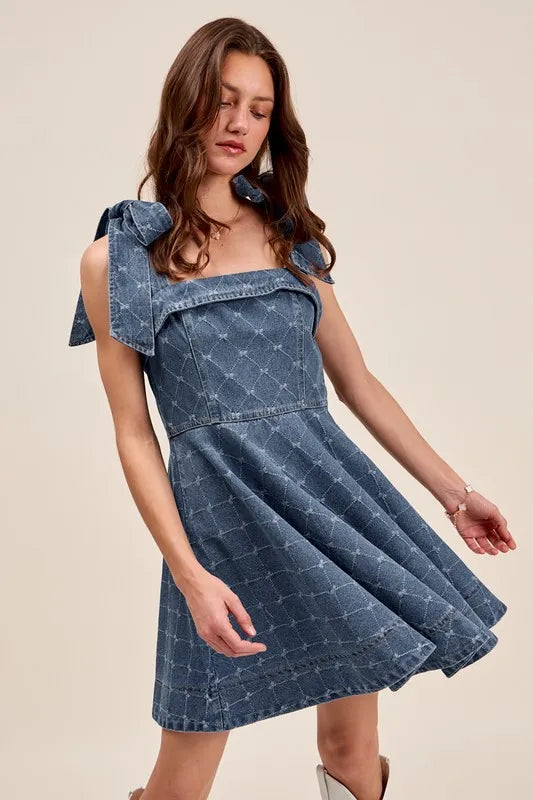 SO ME A Line Fit and Flare Diamond Bow Ribbon Denim Dres
