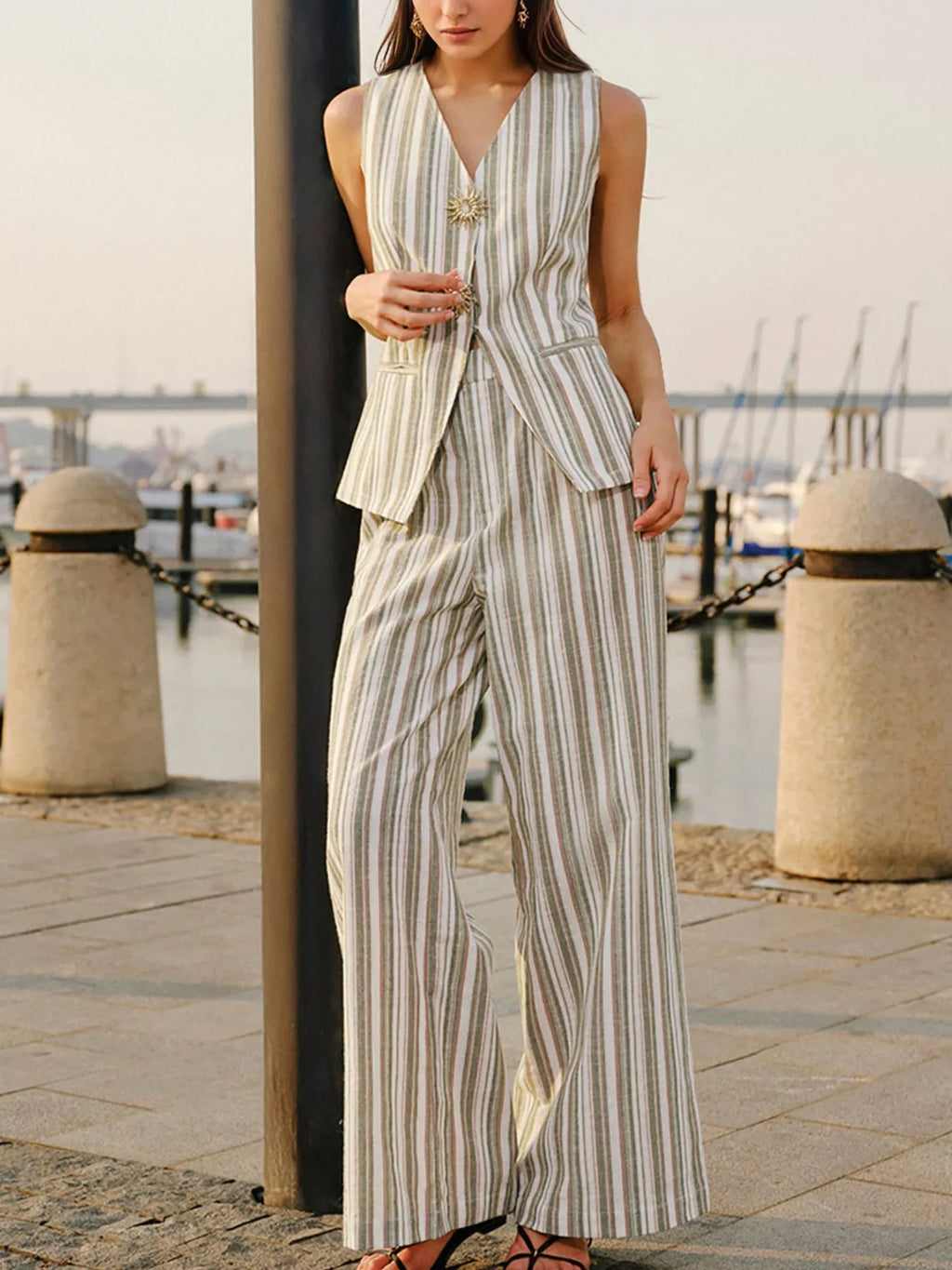 Striped Sleeveless V-Neck Top and Pants Two-Piece Set