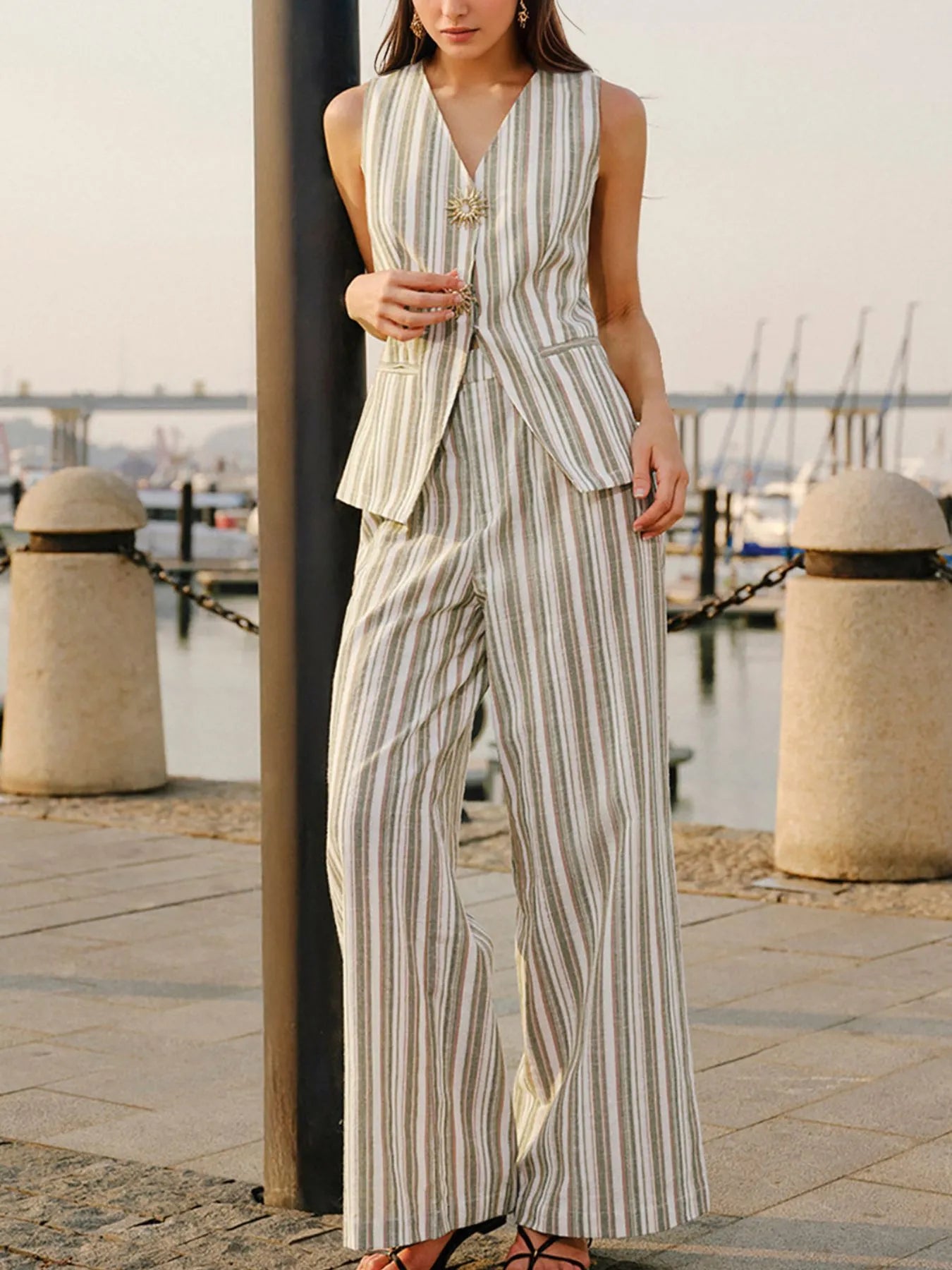 Striped Sleeveless V-Neck Top and Pants Two-Piece Set