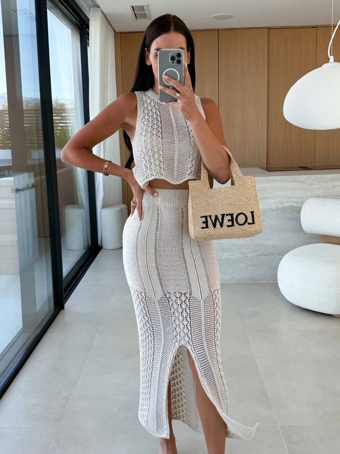 Openwork Round Neck Top and Slit Skirt Sweater Set