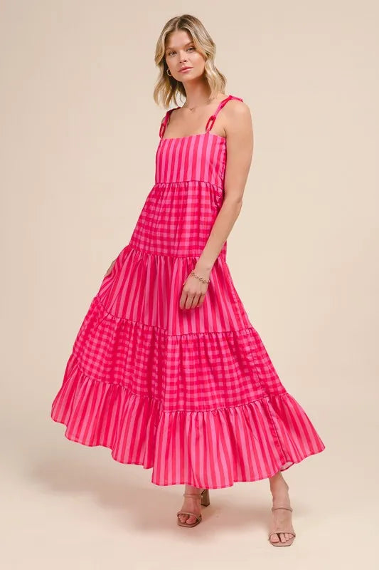 SO ME Stripe Tiered Maxi Dress with Colorful Chain Strap