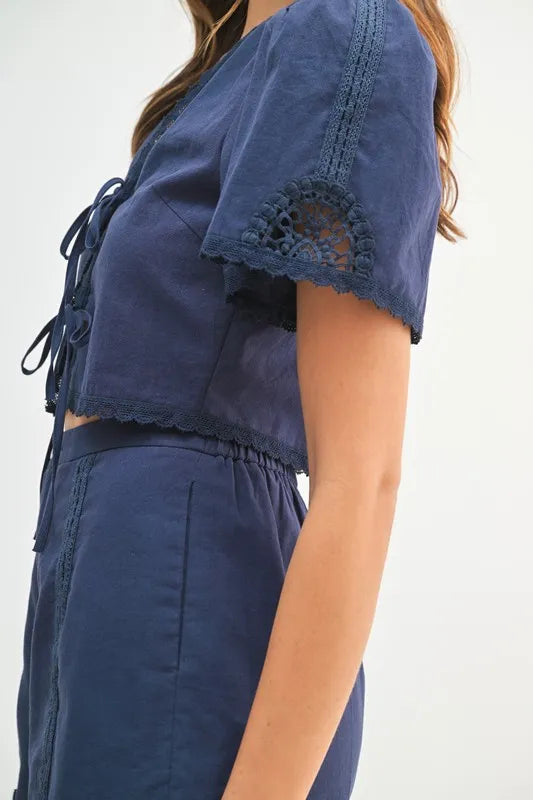 MABLE Crochet Lace Detail Crop Top and Shorts Set