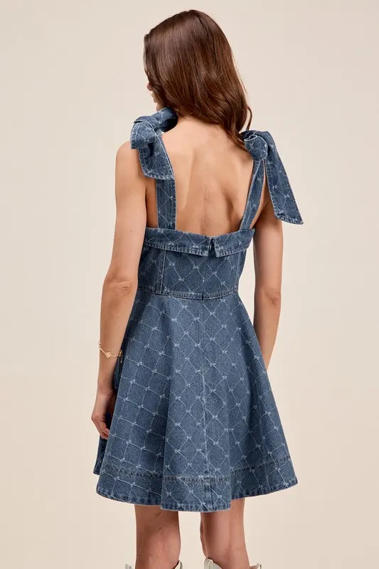 SO ME A Line Fit and Flare Diamond Bow Ribbon Denim Dres