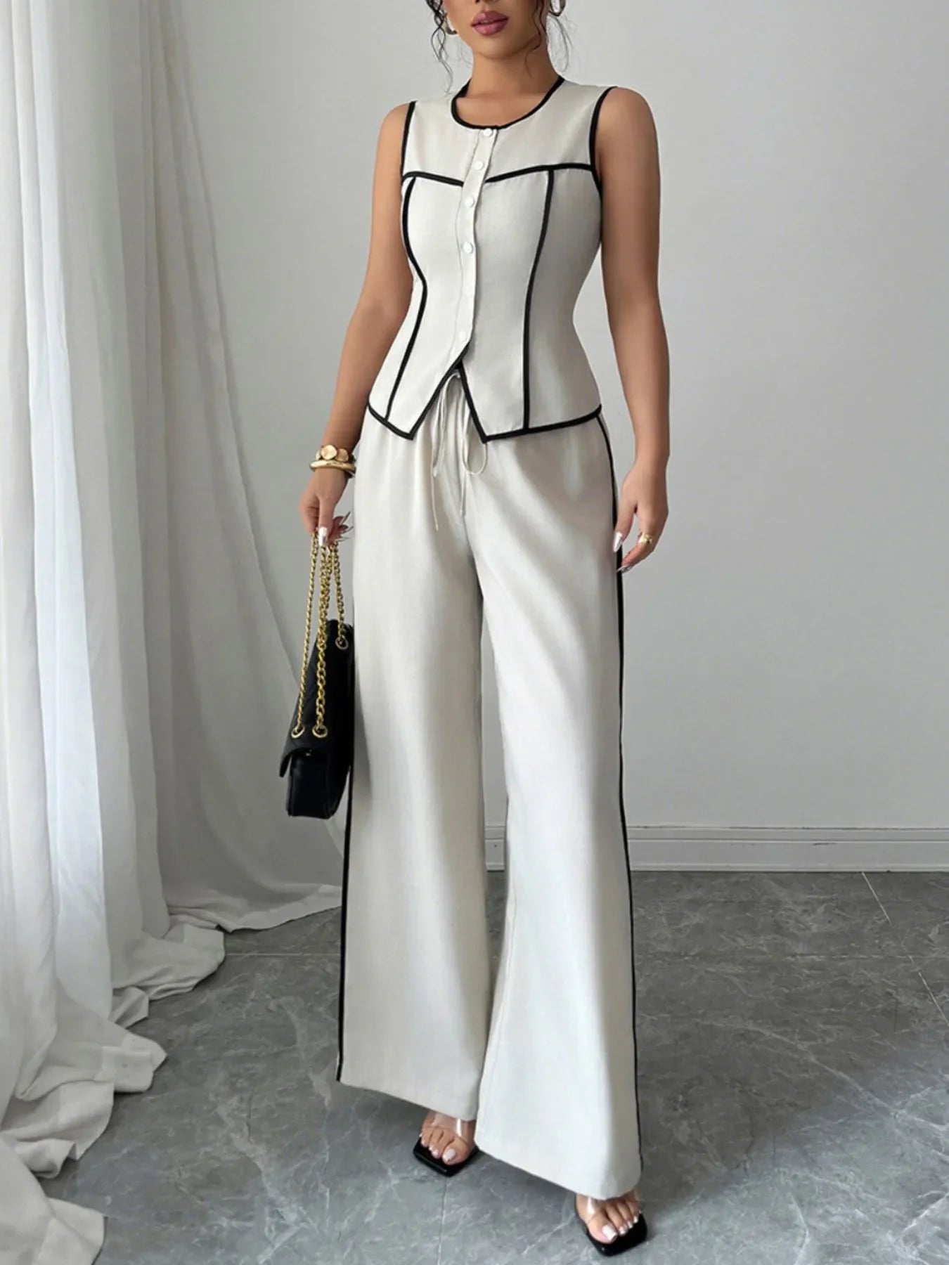 Contrast Piping Round Neck Top and Wide-Leg Pants Set