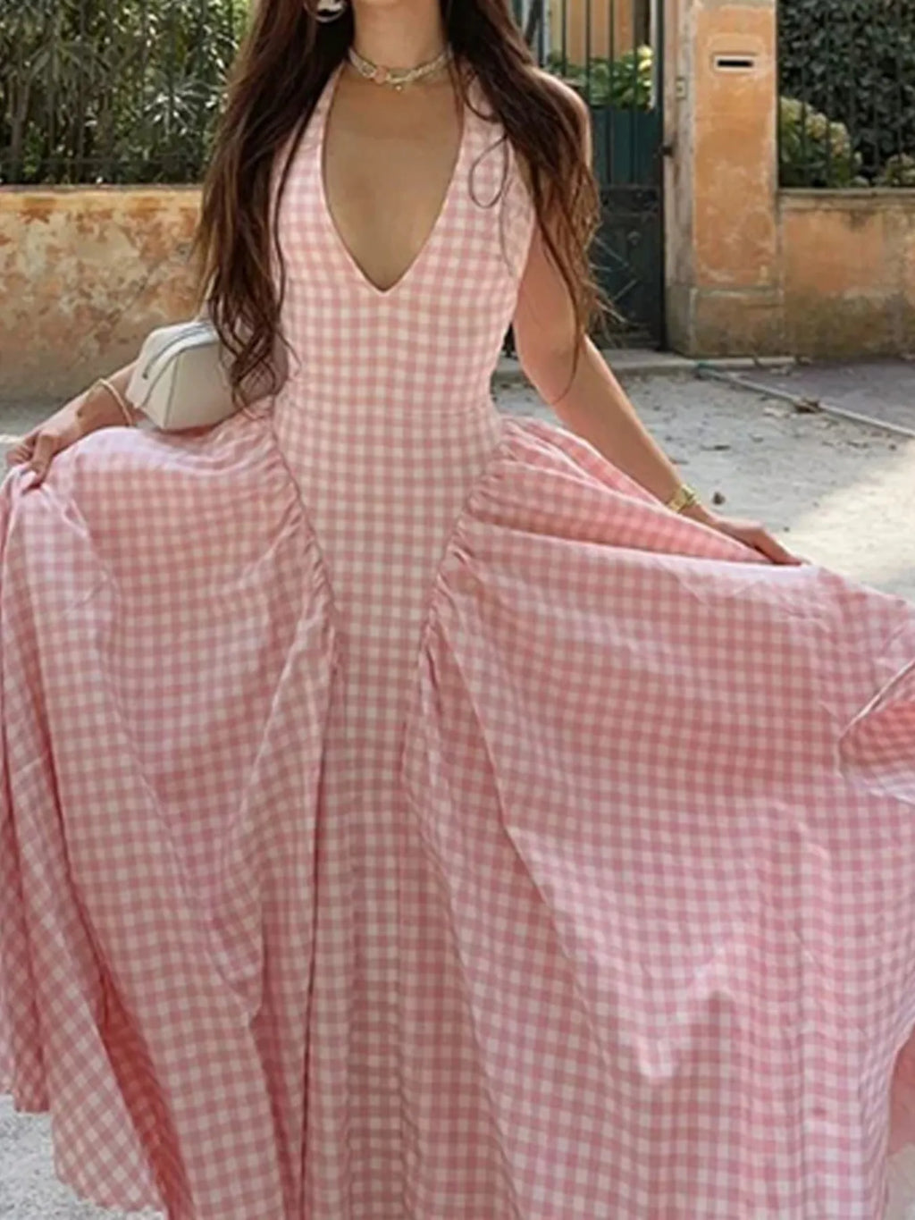Full Size Gingham Halter Neck Maxi Dress Plus Size