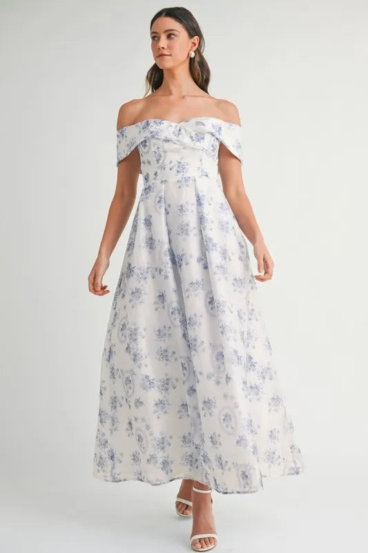 MABLE Floral Printed Off Shoulder Maxi Dress