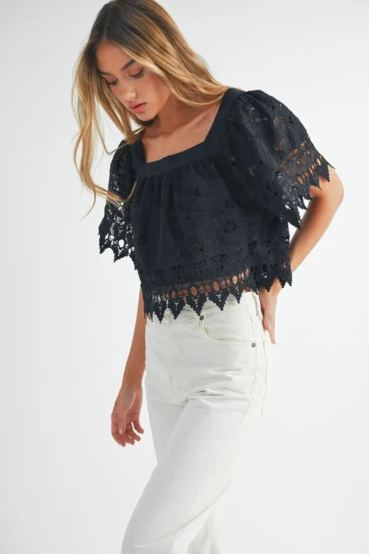 MABLE Square Neck Crochet Lace Top With Double Bow Tie